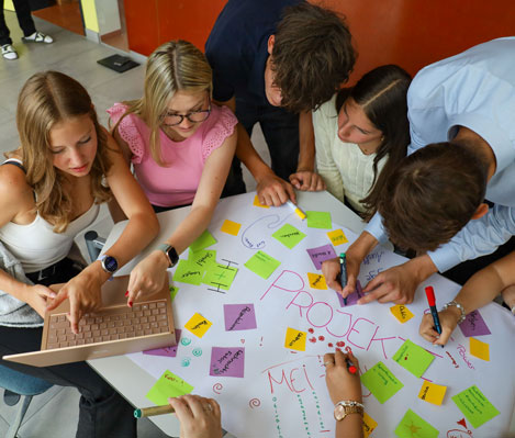 Schüler:innen planen gemeinsam auf einem Plakat